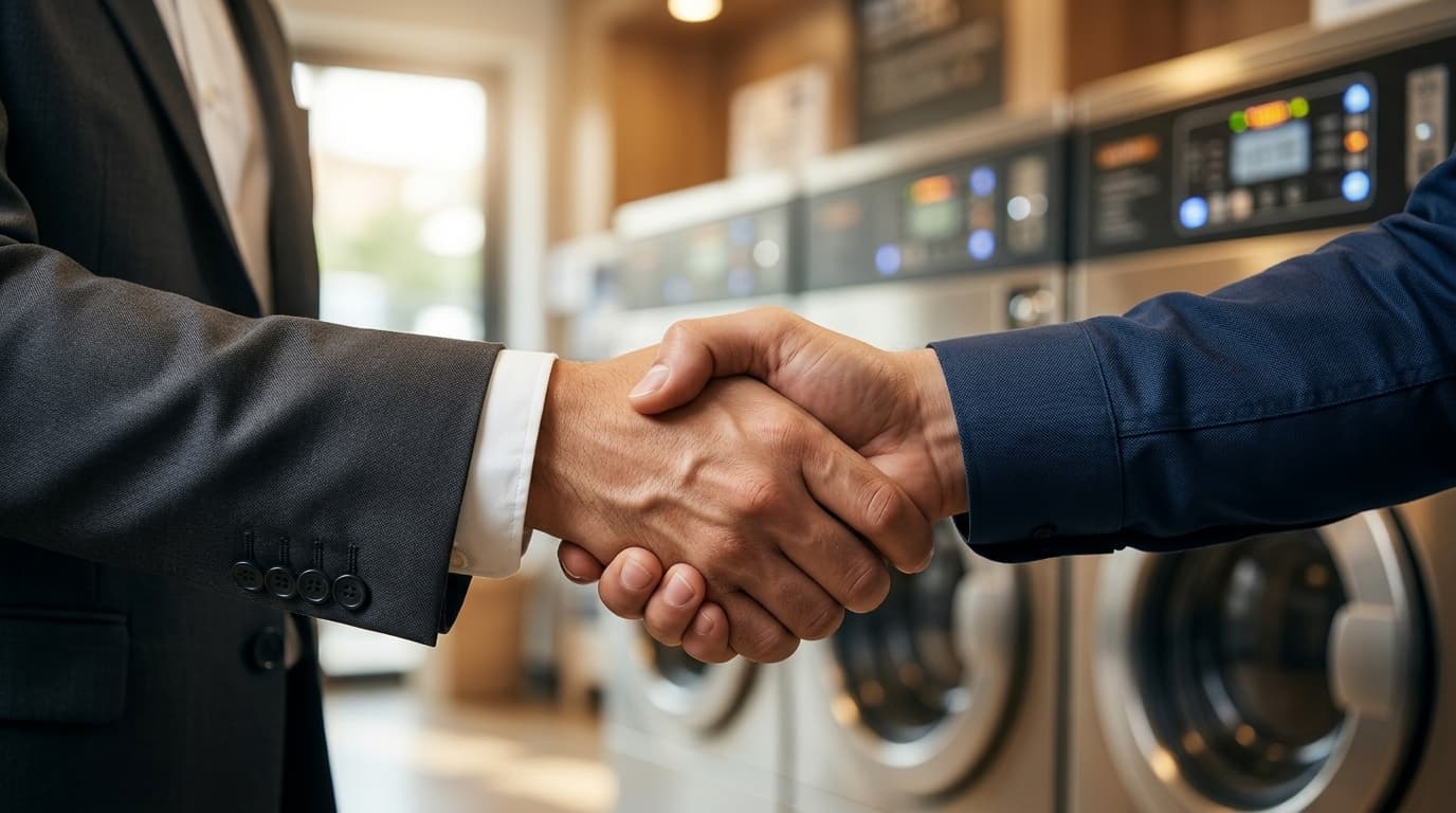 Parceria estreita e confiável entre lojista e a equipe LavtecPro com máquinas de lavanderia ao fundo