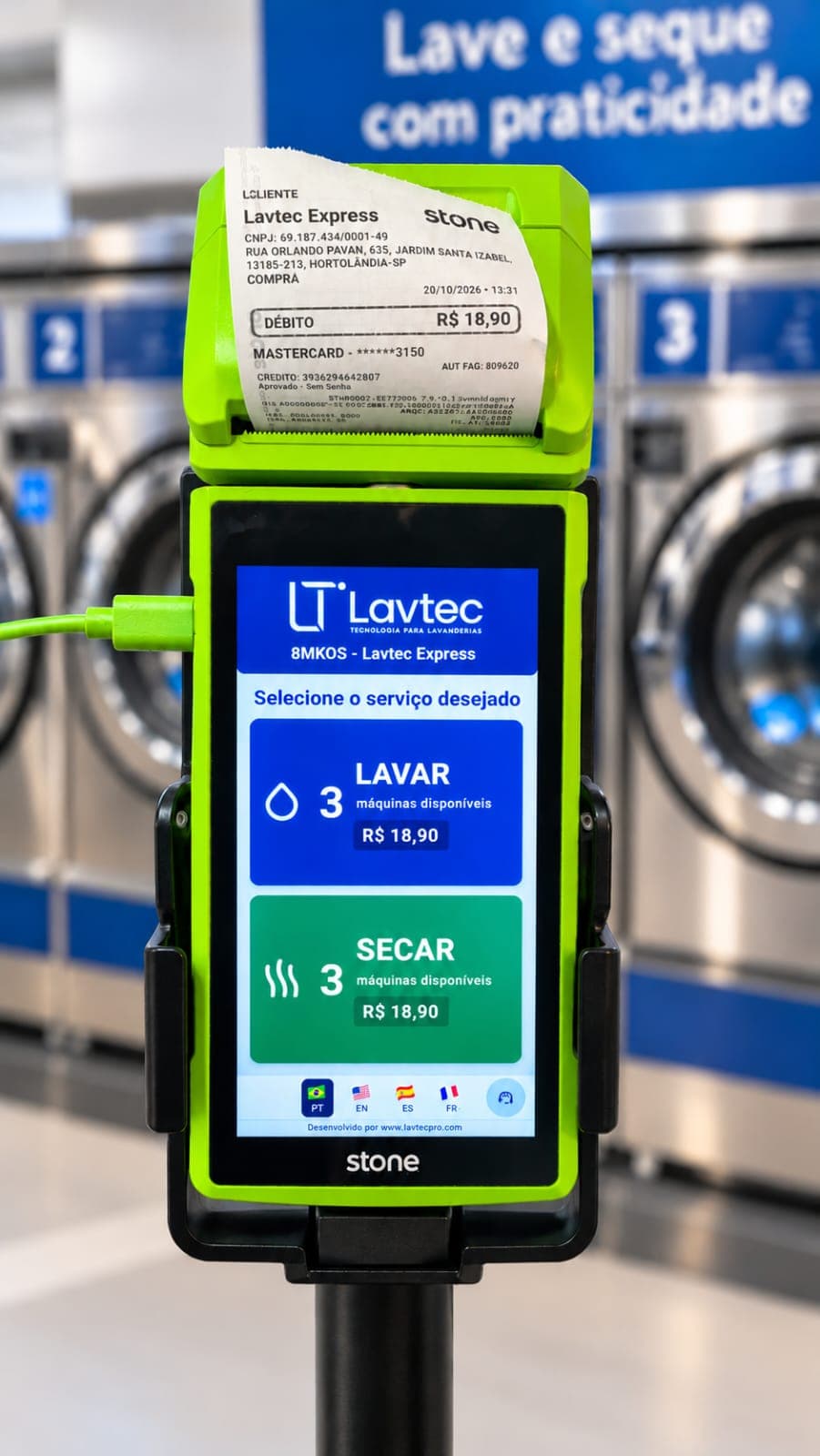 Terminal de pagamento SmartPOS Android Cielo e Stone com aplicativo LavtecPay e comprovante de venda